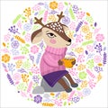 Deer with a Cup of coffee with marshmallows sitting on a stone in a cozy sweater . The ornament of the branches of the leaves of f Royalty Free Stock Photo